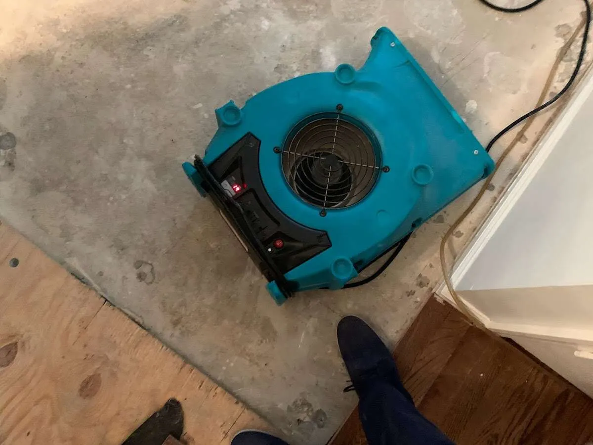 Air mover drying subfloor during Commercial Water Damage Restoration in Whitefish
